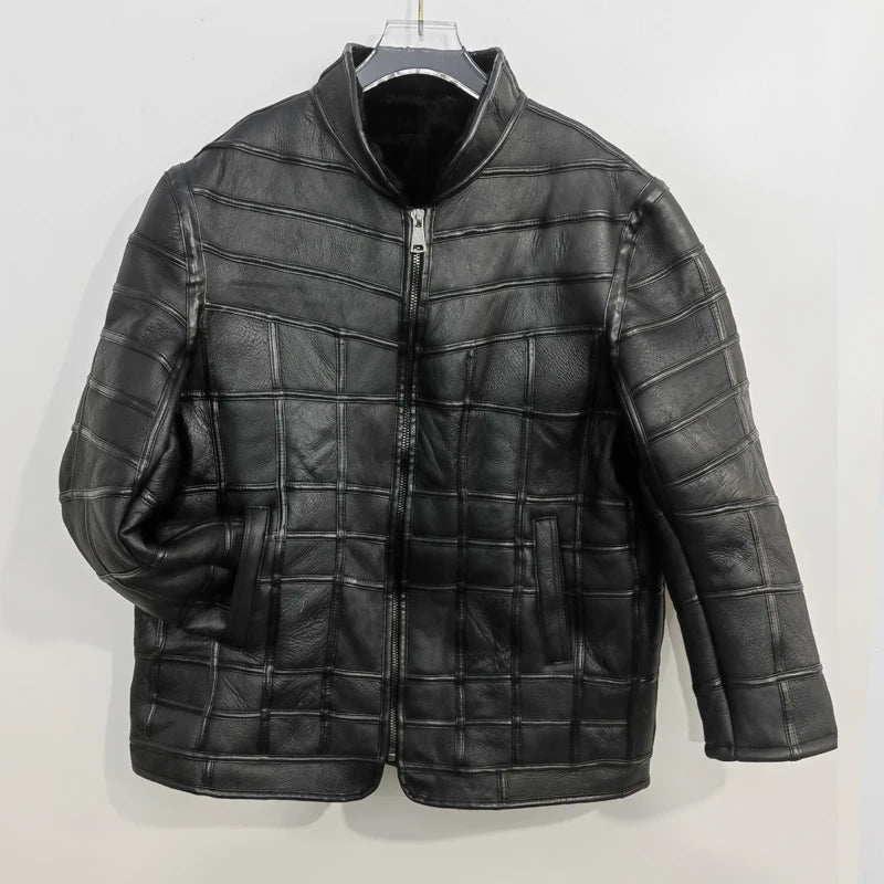 Men's Genuine Sheepskin Leather Jacket, Thick Warm Fur Coat