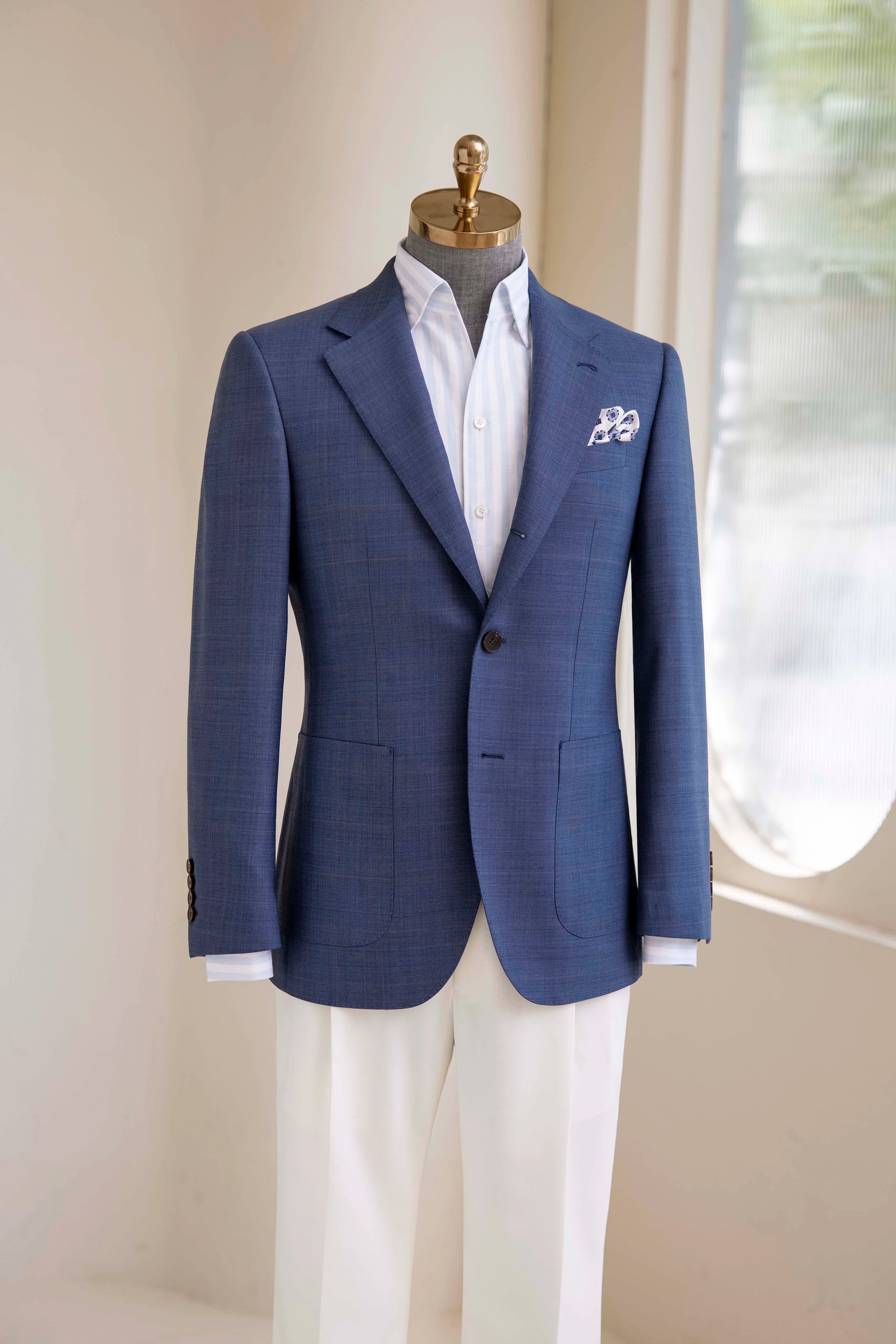 Men's Blue Wool Wedding Suit, Single-Breasted, V-Neck Collar, Plus Size