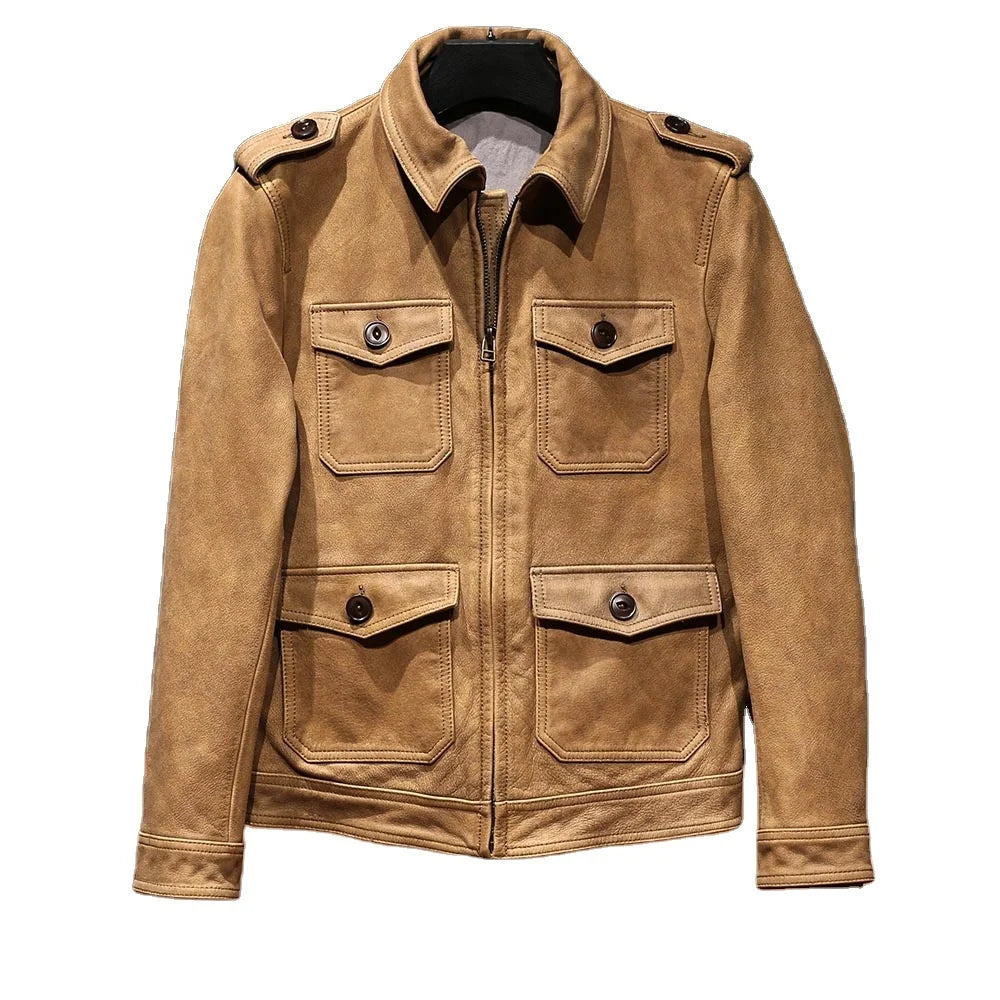 M65 Safari Leather Jacket, Lapel Collar, Multi-Pocket, Cracked Yellow
