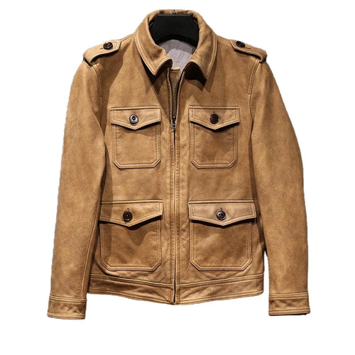 M65 Safari Leather Jacket, Lapel Collar, Multi-Pocket, Cracked Yellow