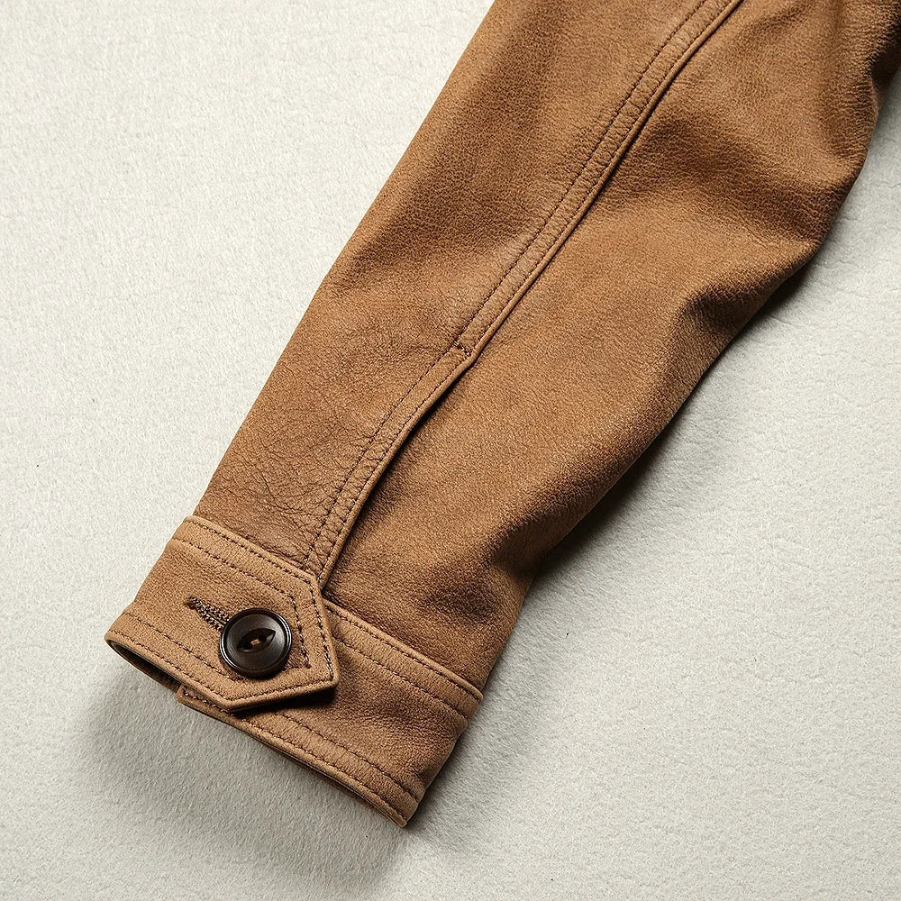 M65 Safari Leather Jacket, Lapel Collar, Multi-Pocket, Cracked Yellow