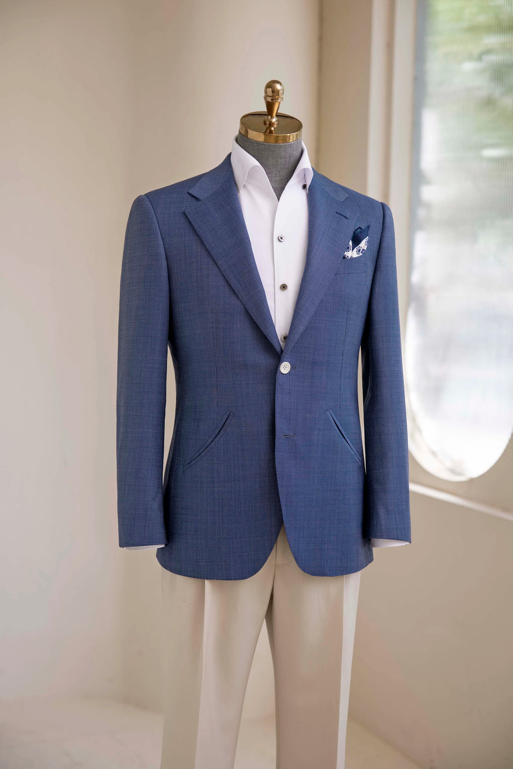 Men's Blue Wool Wedding Suit, Single-Breasted, V-Neck Collar, Plus Size