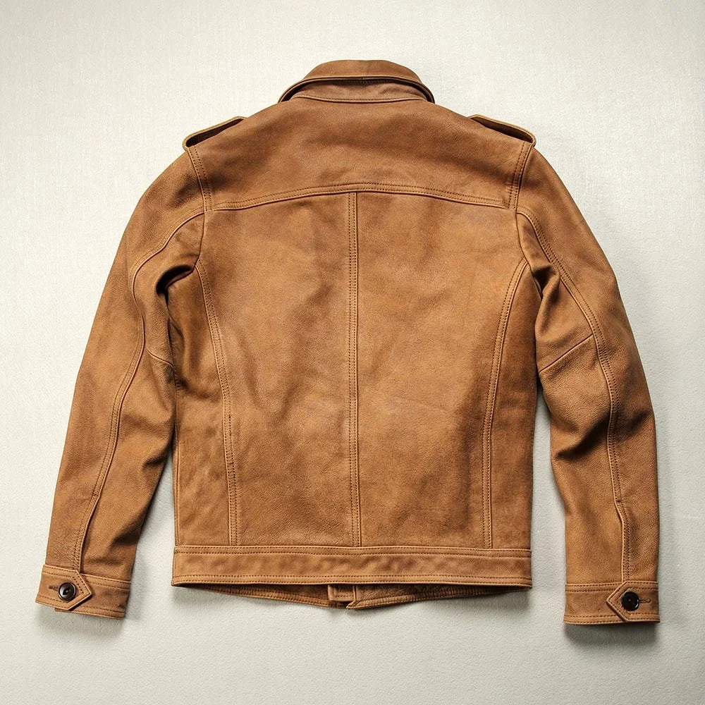 M65 Safari Leather Jacket, Lapel Collar, Multi-Pocket, Cracked Yellow