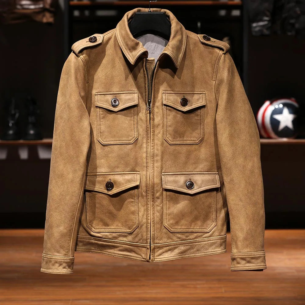 M65 Safari Leather Jacket, Lapel Collar, Multi-Pocket, Cracked Yellow