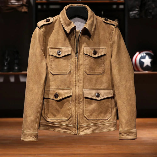 M65 Safari Leather Jacket, Lapel Collar, Multi-Pocket, Cracked Yellow