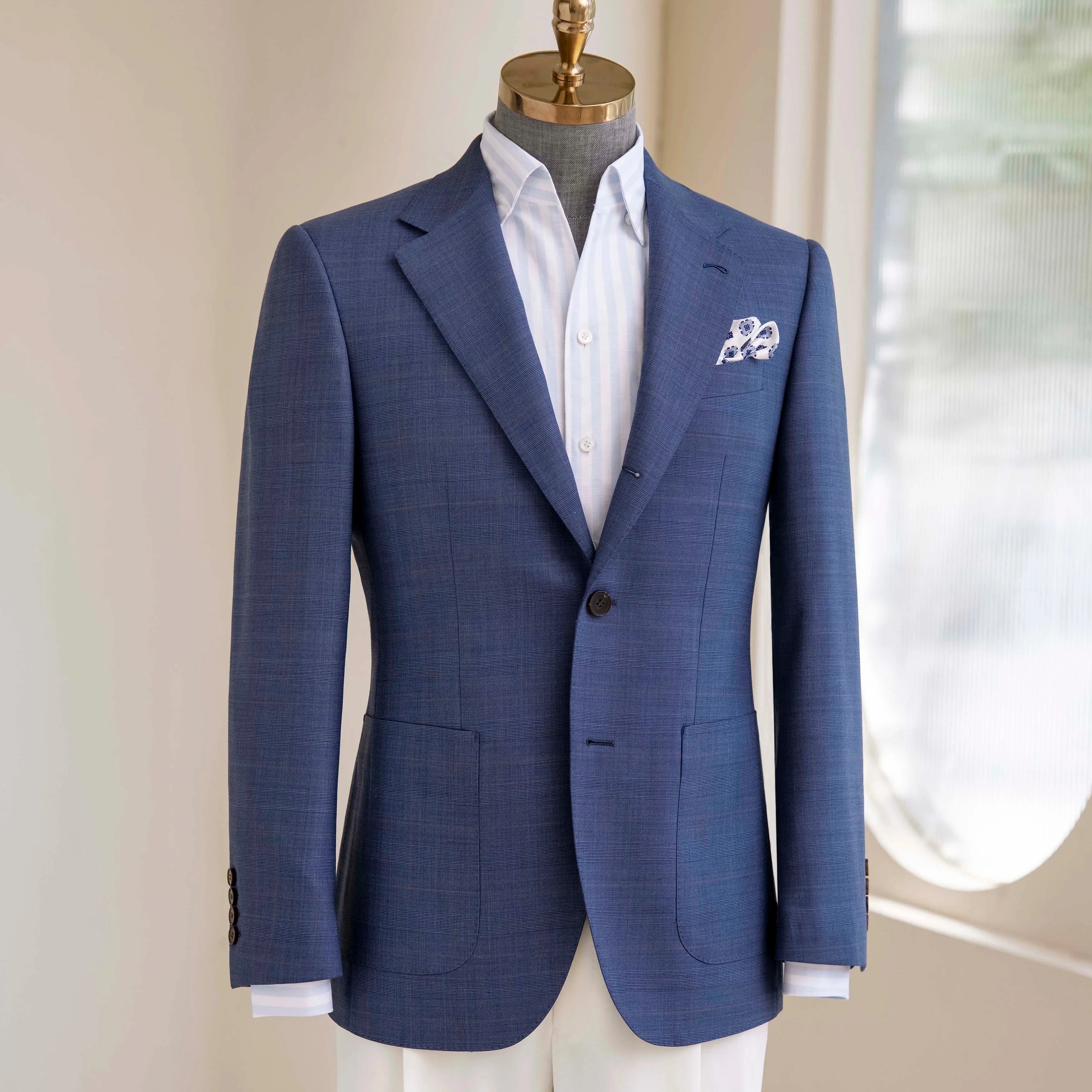 Men's Blue Wool Wedding Suit, Single-Breasted, V-Neck Collar, Plus Size