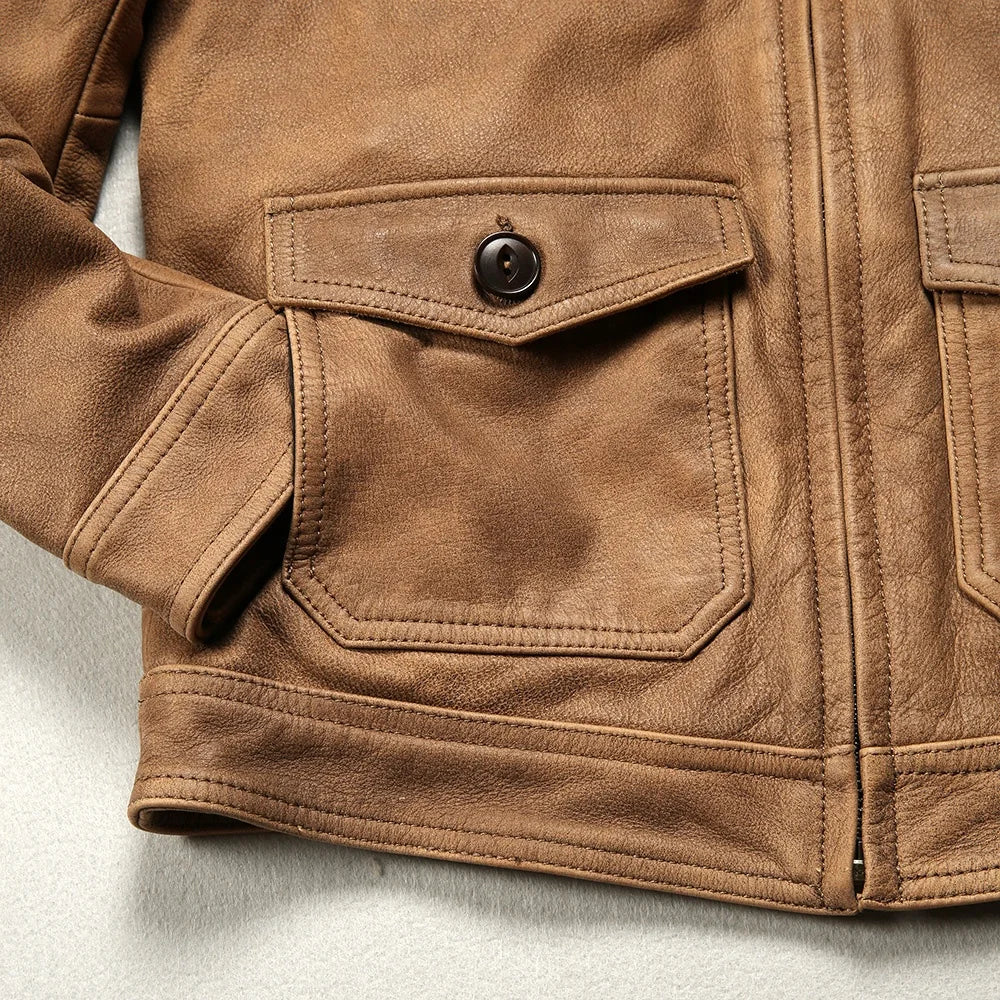M65 Safari Leather Jacket, Lapel Collar, Multi-Pocket, Cracked Yellow