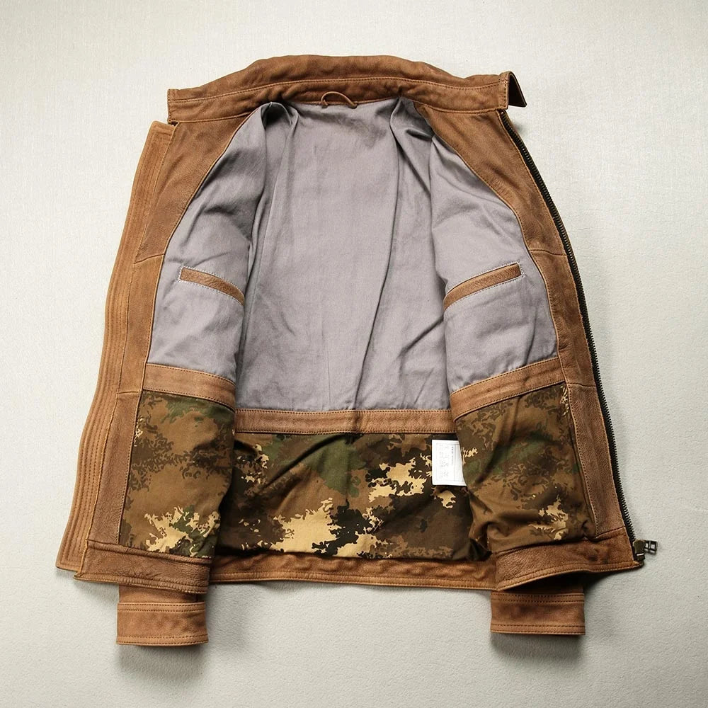M65 Safari Leather Jacket, Lapel Collar, Multi-Pocket, Cracked Yellow