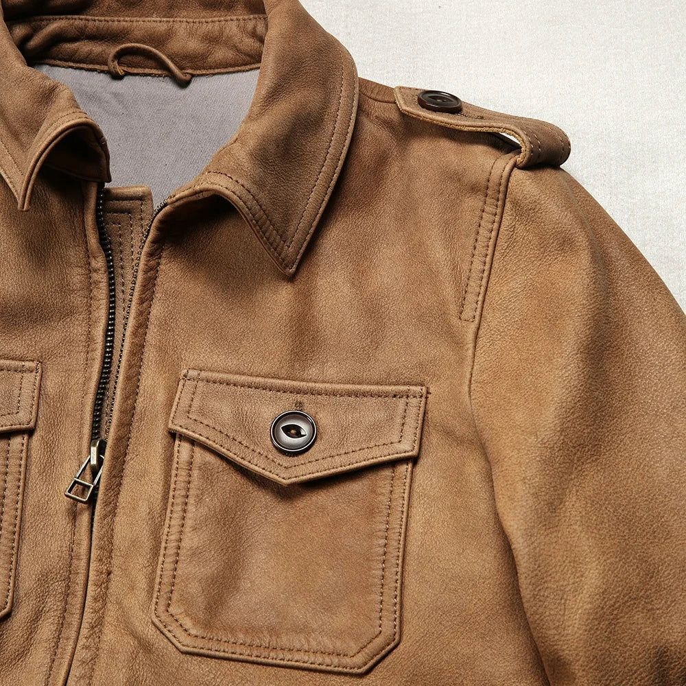 M65 Safari Leather Jacket, Lapel Collar, Multi-Pocket, Cracked Yellow