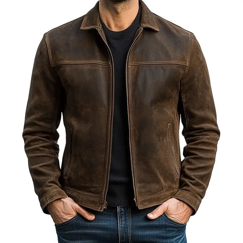 Men's Suede Trucker Jacket Zip-Up Side Pockets Casual Everyday Wear