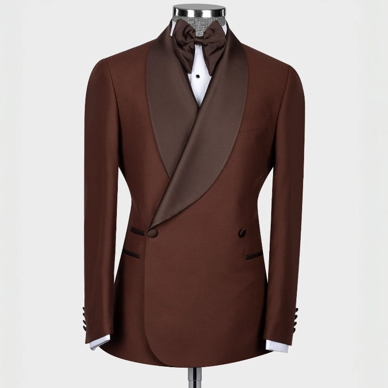 Men's Coffee Shawl Lapel Double-Breasted Slim Fit Tuxedo, 2-Piece Suit