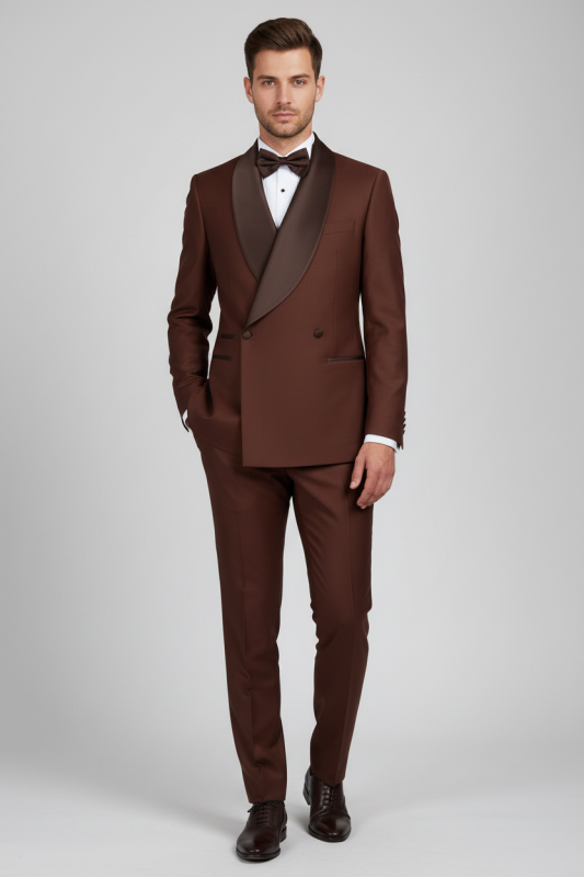 Men's Coffee Shawl Lapel Double-Breasted Slim Fit Tuxedo, 2-Piece Suit
