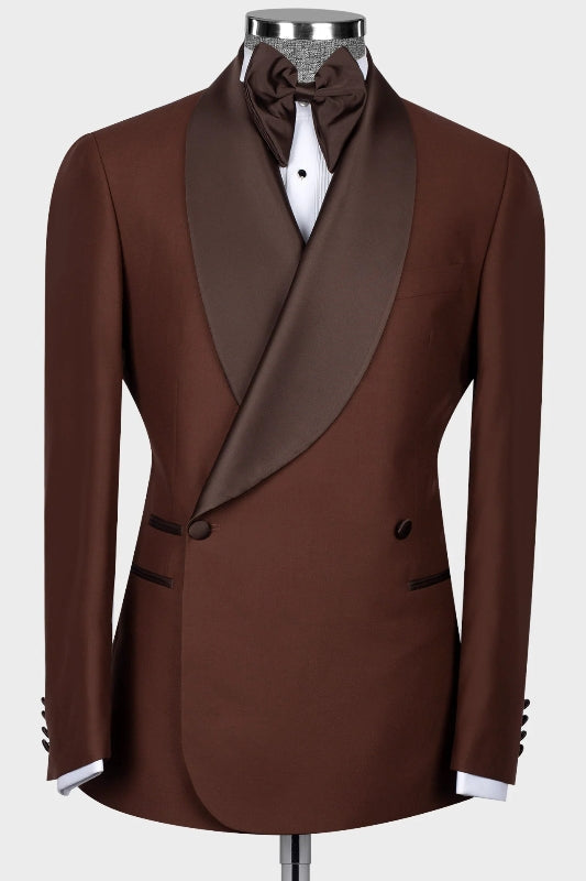 Men's Coffee Shawl Lapel Double-Breasted Slim Fit Tuxedo, 2-Piece Suit