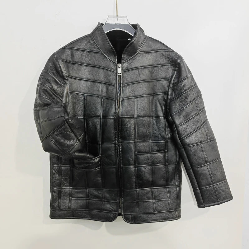Men's Genuine Sheepskin Leather Jacket, Thick Warm Fur Coat